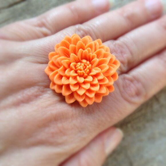 Orange Flower Ring Adjustable Chrysanthemum Ring - more colours available - Picture 1 of 6
